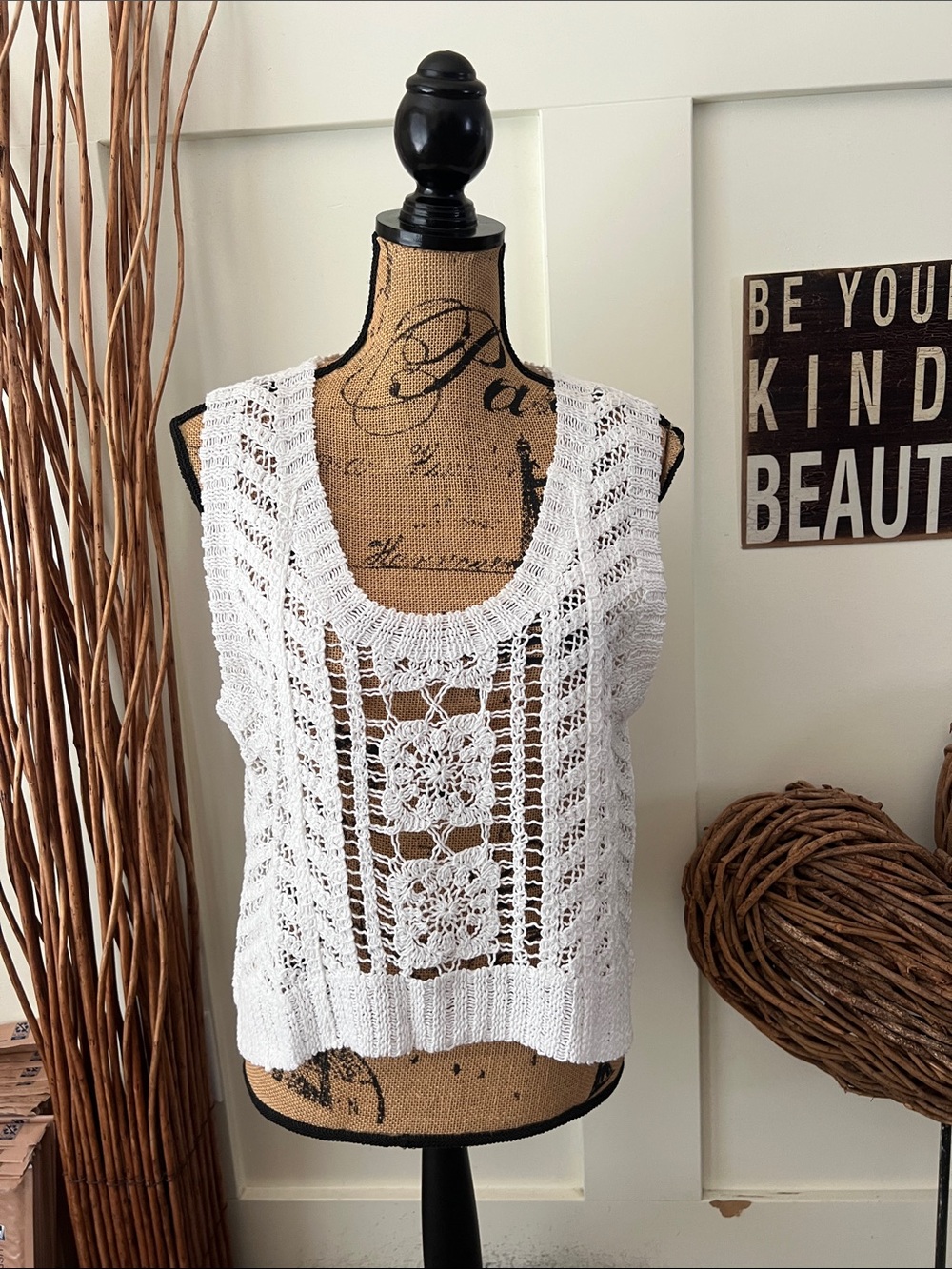 DKNY White Crocheted Openwork Tank Top